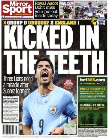 The Daily Mirror were taunting Luis Suárez about teeth and biting even before the incident with Chiellini.  This headline was from days earlier, after Suárez scored twice to knock England out of the World Cup.  Is Luis Suárez "obsessed" with biting or is the English press "obsessed" with Luis Suárez? 